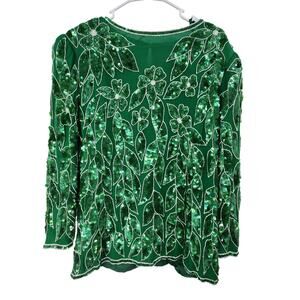 VINTAGE ANUJAN XL SILK ALL OVER BEADED FLORAL LEAF LONG SLEEVE BLOUSE